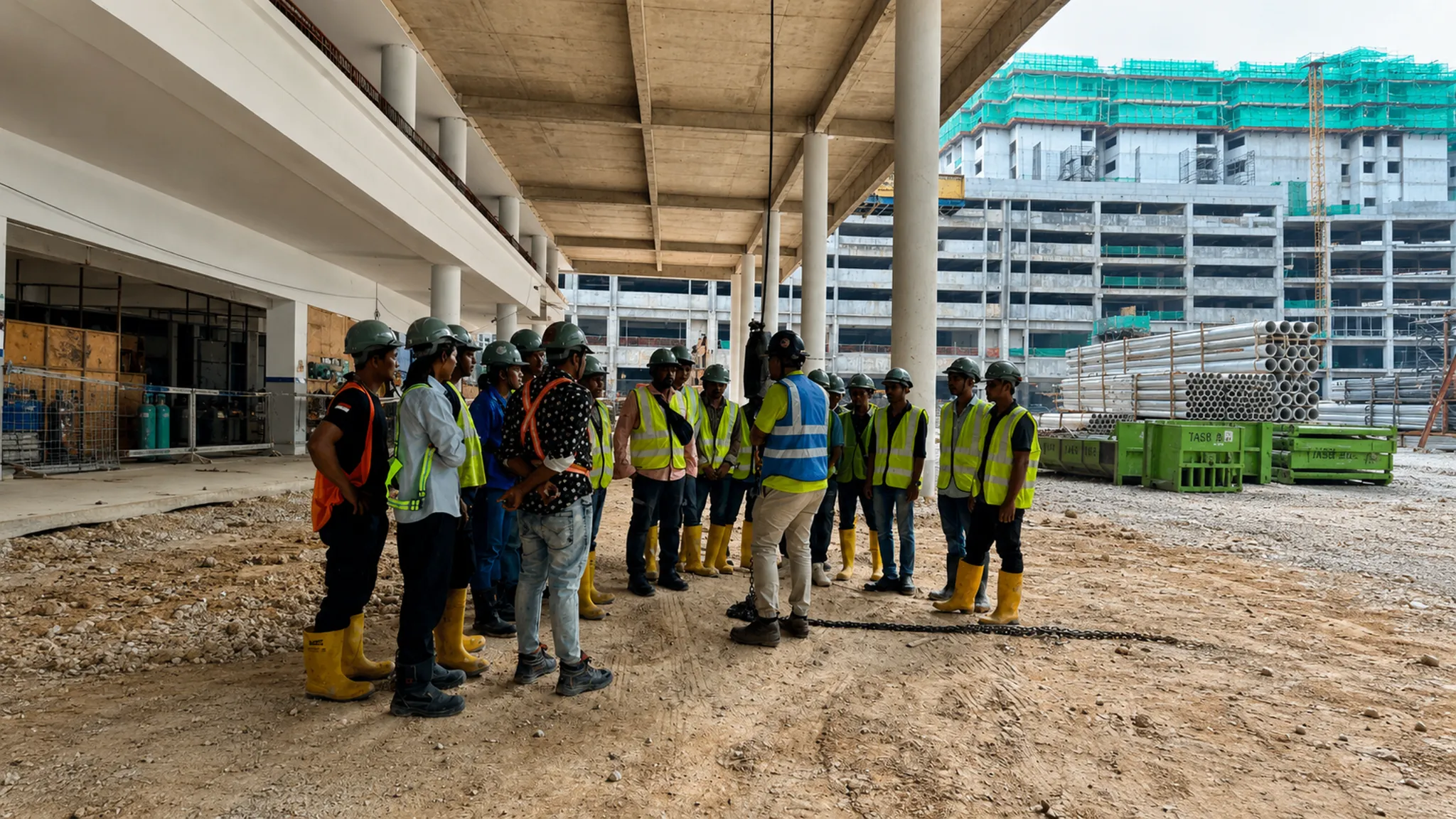 Construction workers in hi-vis vests and hardhats on a Malaysian building site