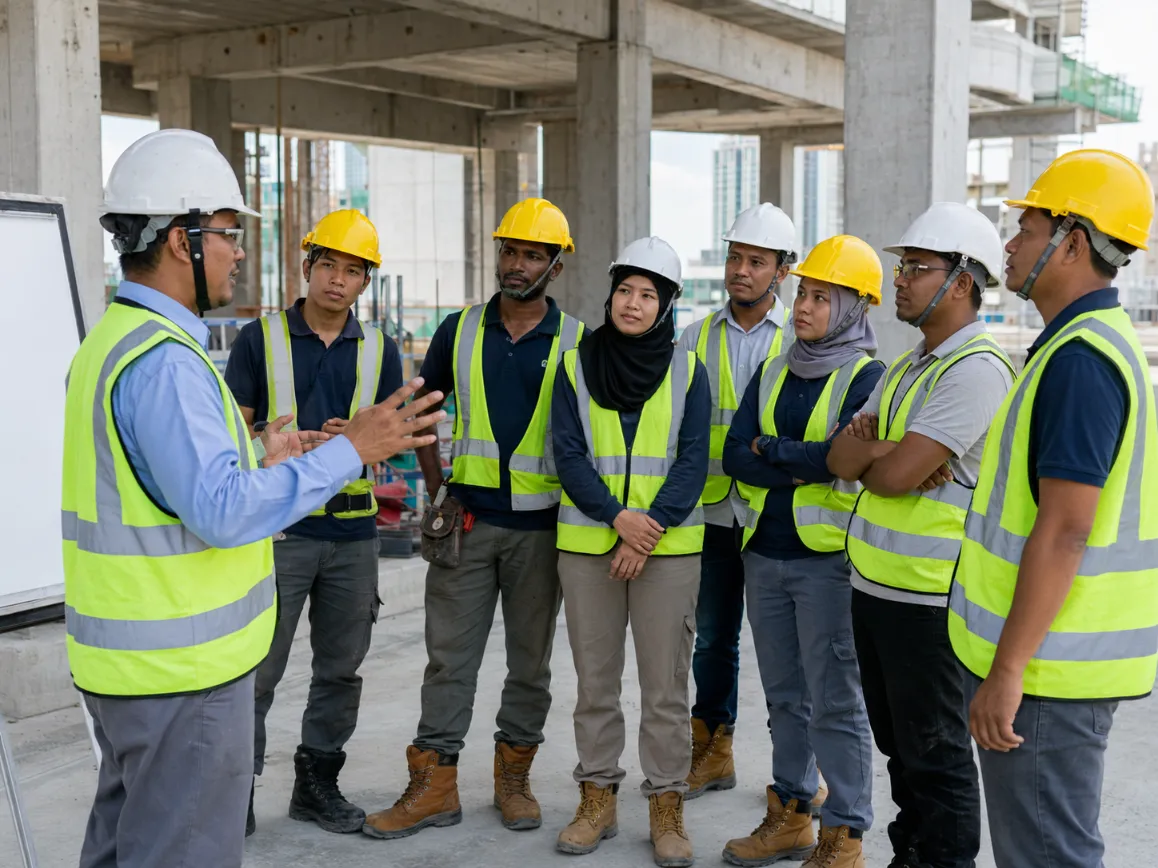 Group of workers attending a safety induction and awareness training session on site