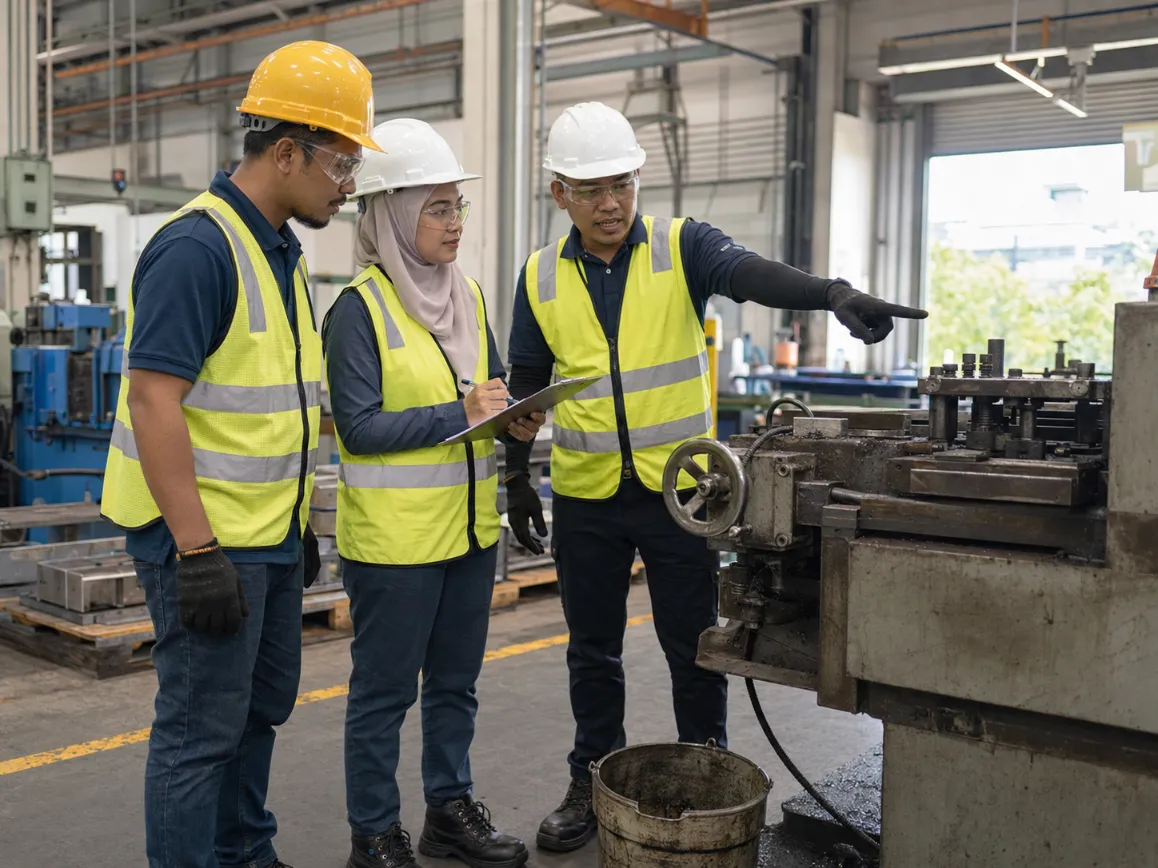 Safety officer conducting HIRARC risk assessment training with workers on a factory floor