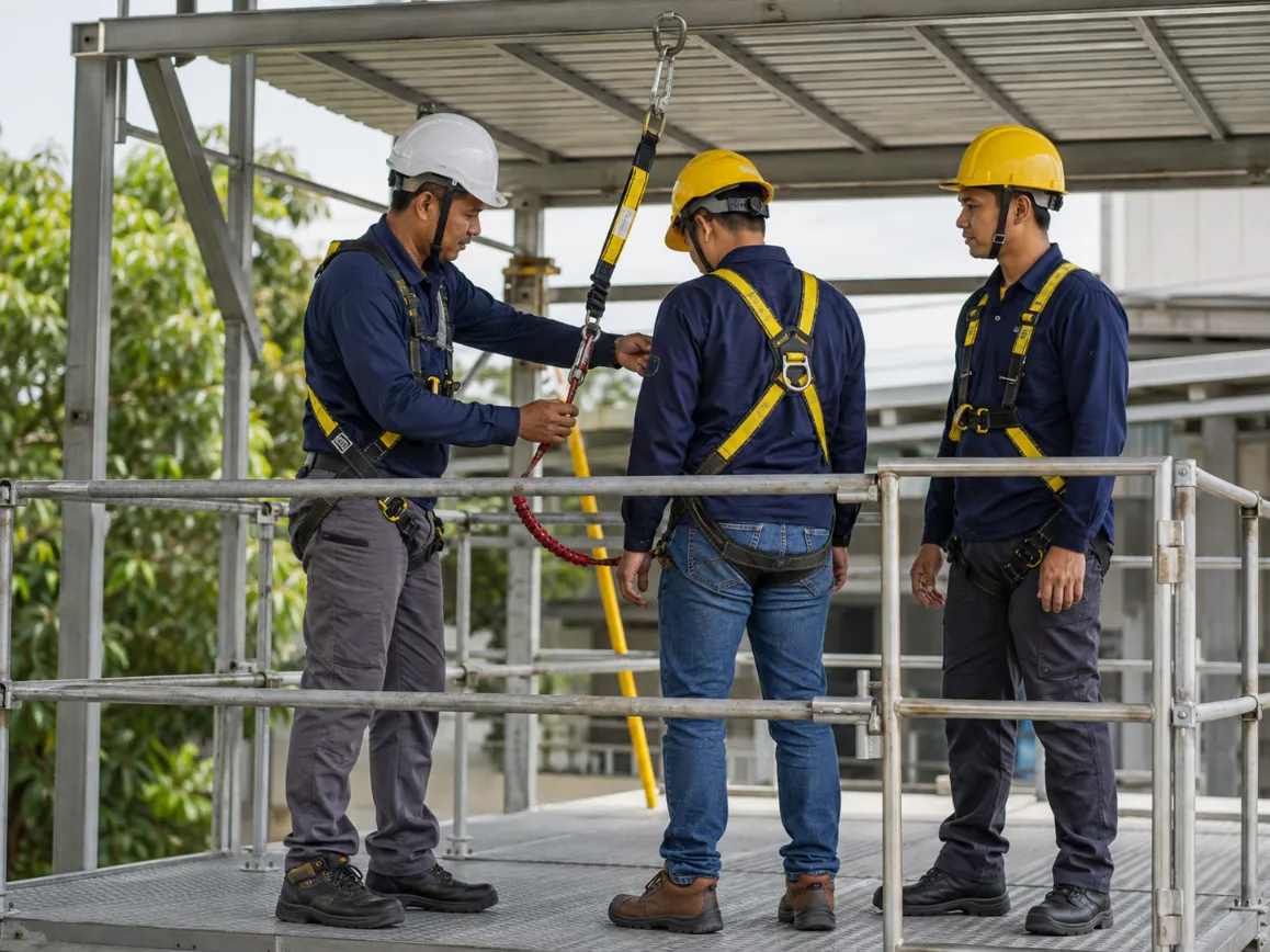 Two workers in fall-arrest harnesses practising working at height safety procedures