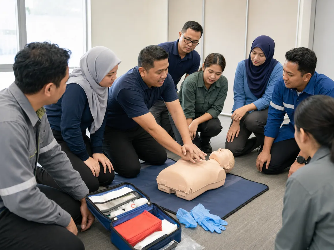Trainees practising CPR technique on a mannequin during first aid training
