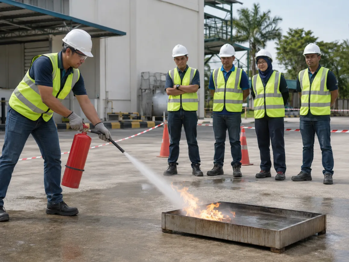 Worker operating a fire hose during a fire safety and evacuation training drill