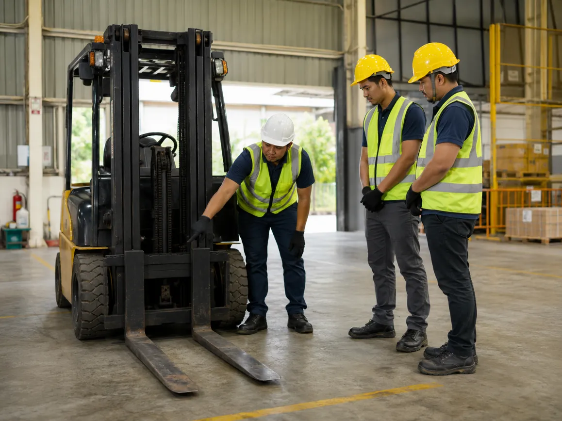 Trainer guiding workers through forklift and machinery safety training on a warehouse floor