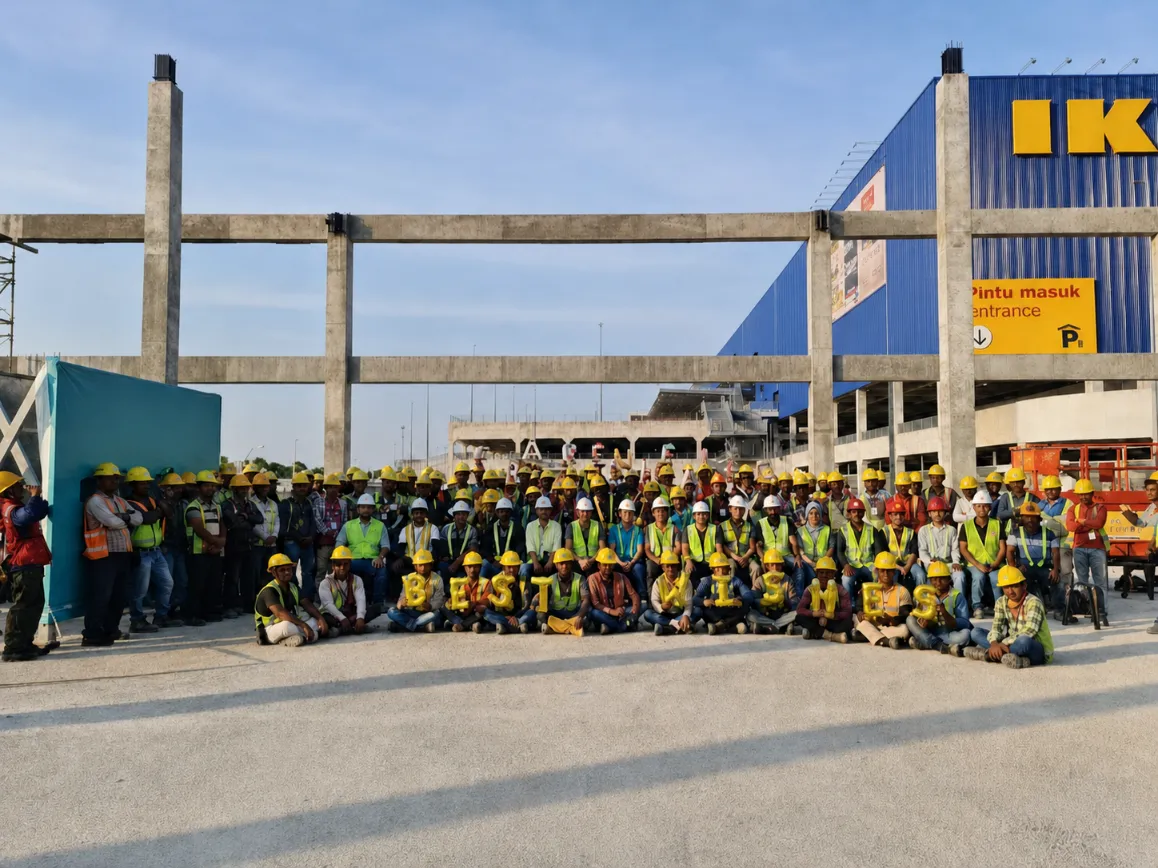 Large group of workers gathered for a safety training briefing