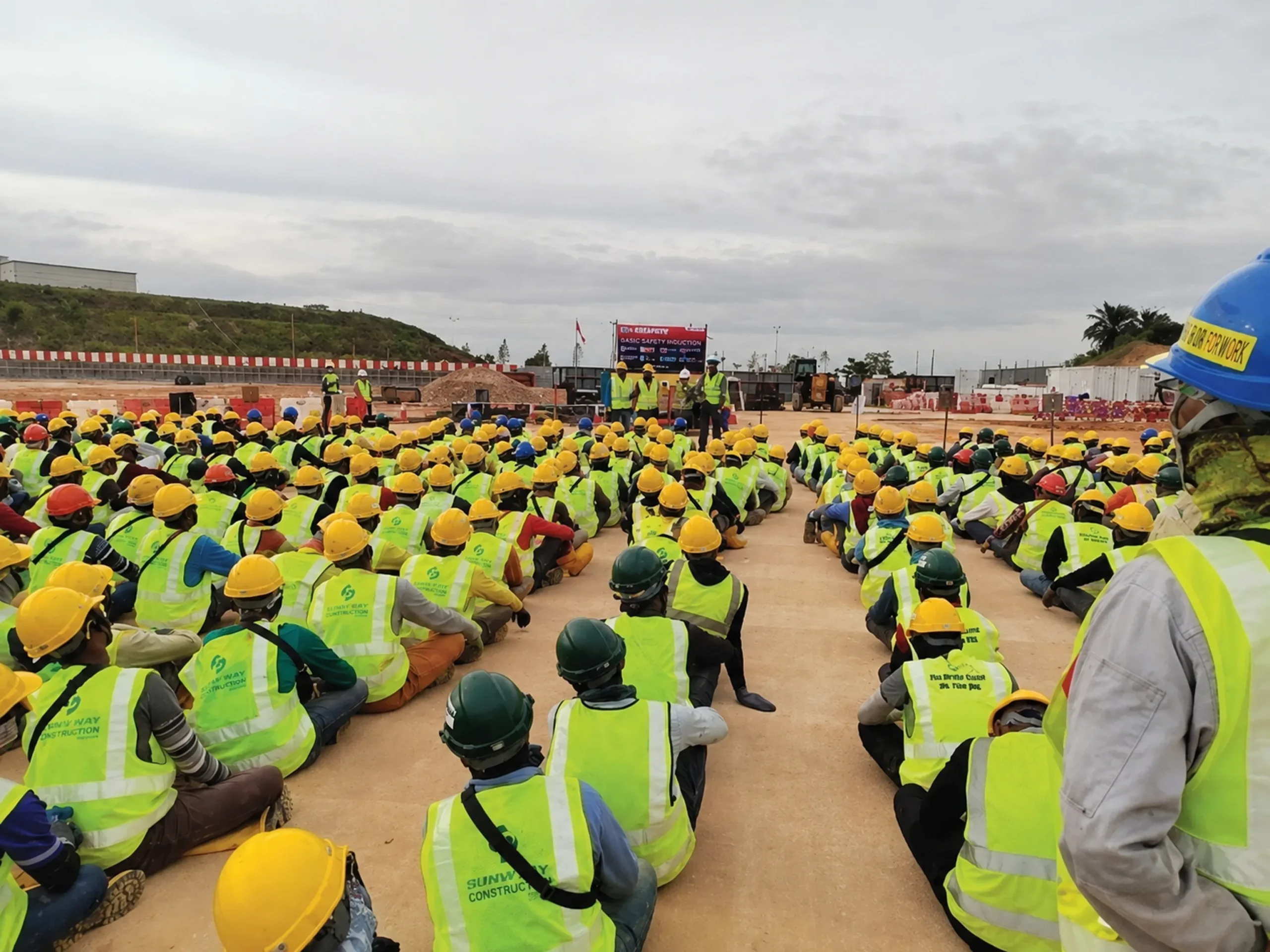 Safety training session in progress on a construction site