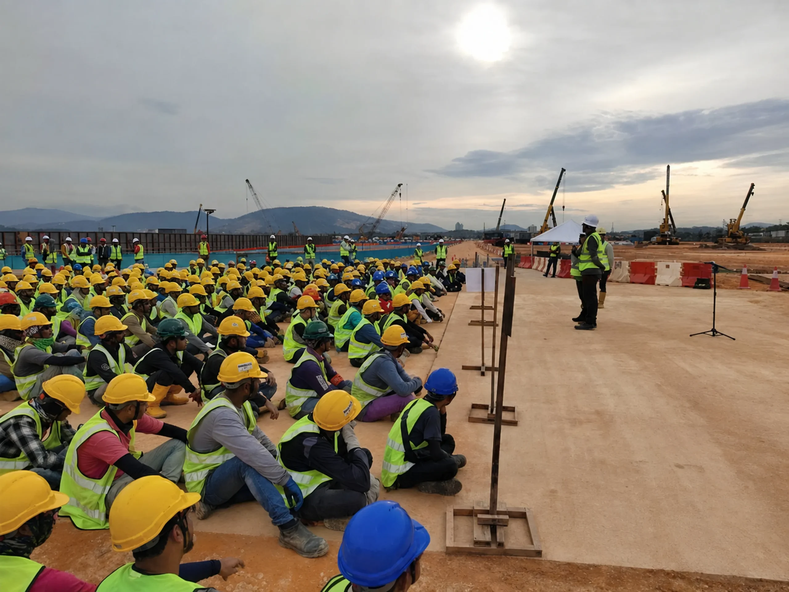 Trainer demonstrating safety procedure to a group of workers