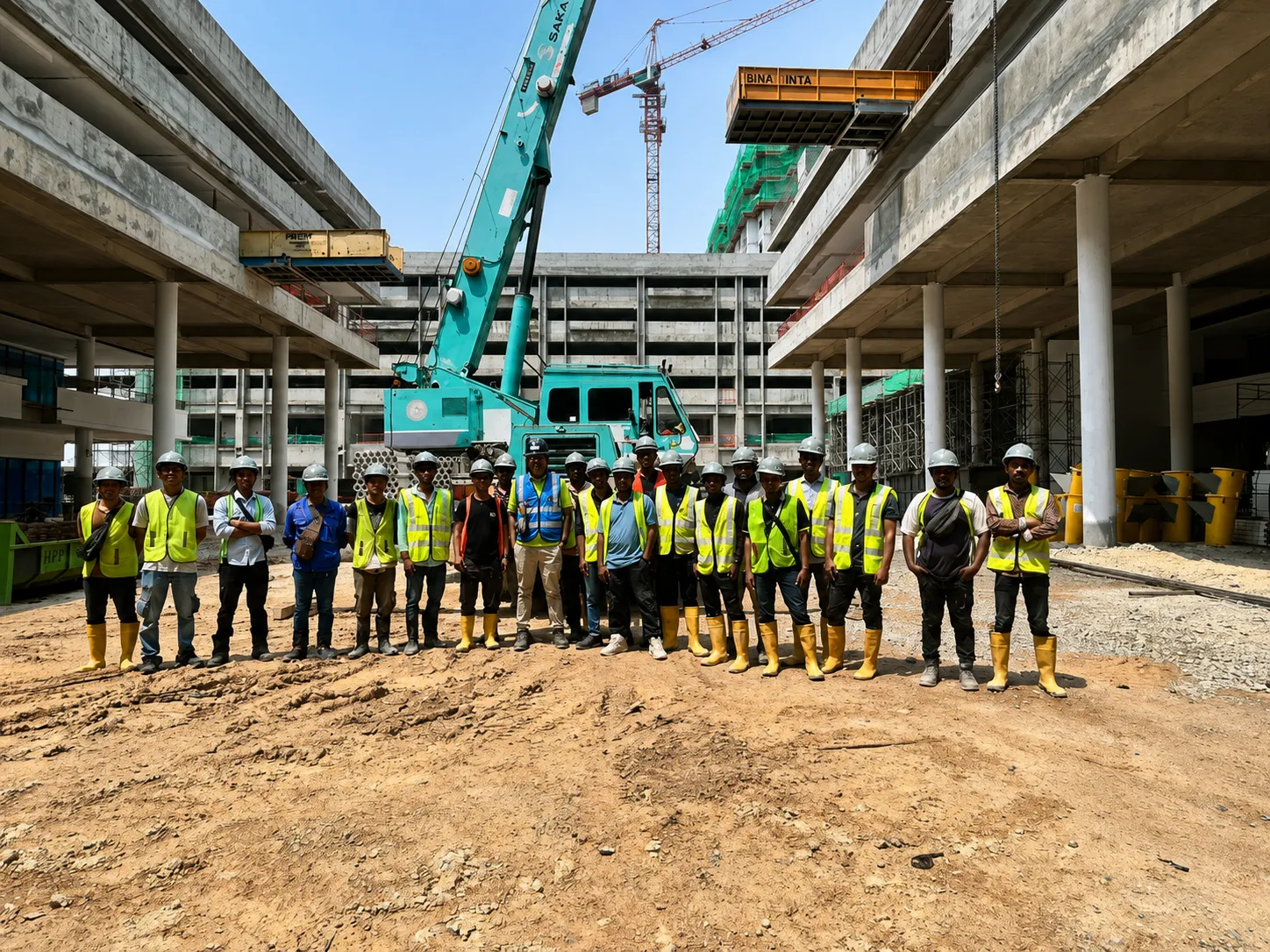 Rigging and lifting crew standing with a mobile crane on a construction site
