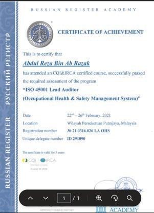ISO 45001 Lead Auditor - Certificate of Achievement