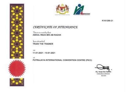 Train the Trainer - NIOSH Certificate of Attendance